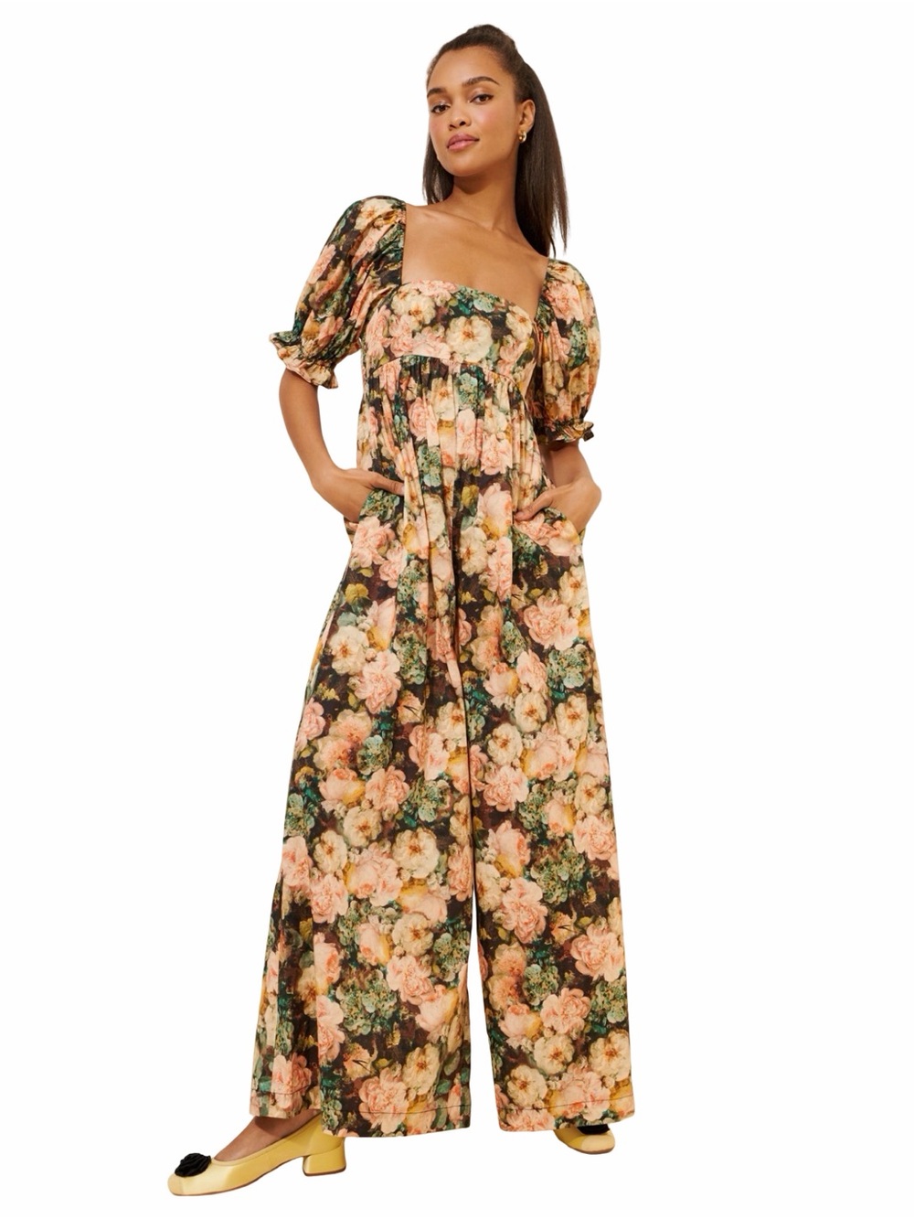 Selkie Hampton Floral Square-Neck Wide-Leg Jumpsuit in Floral Print